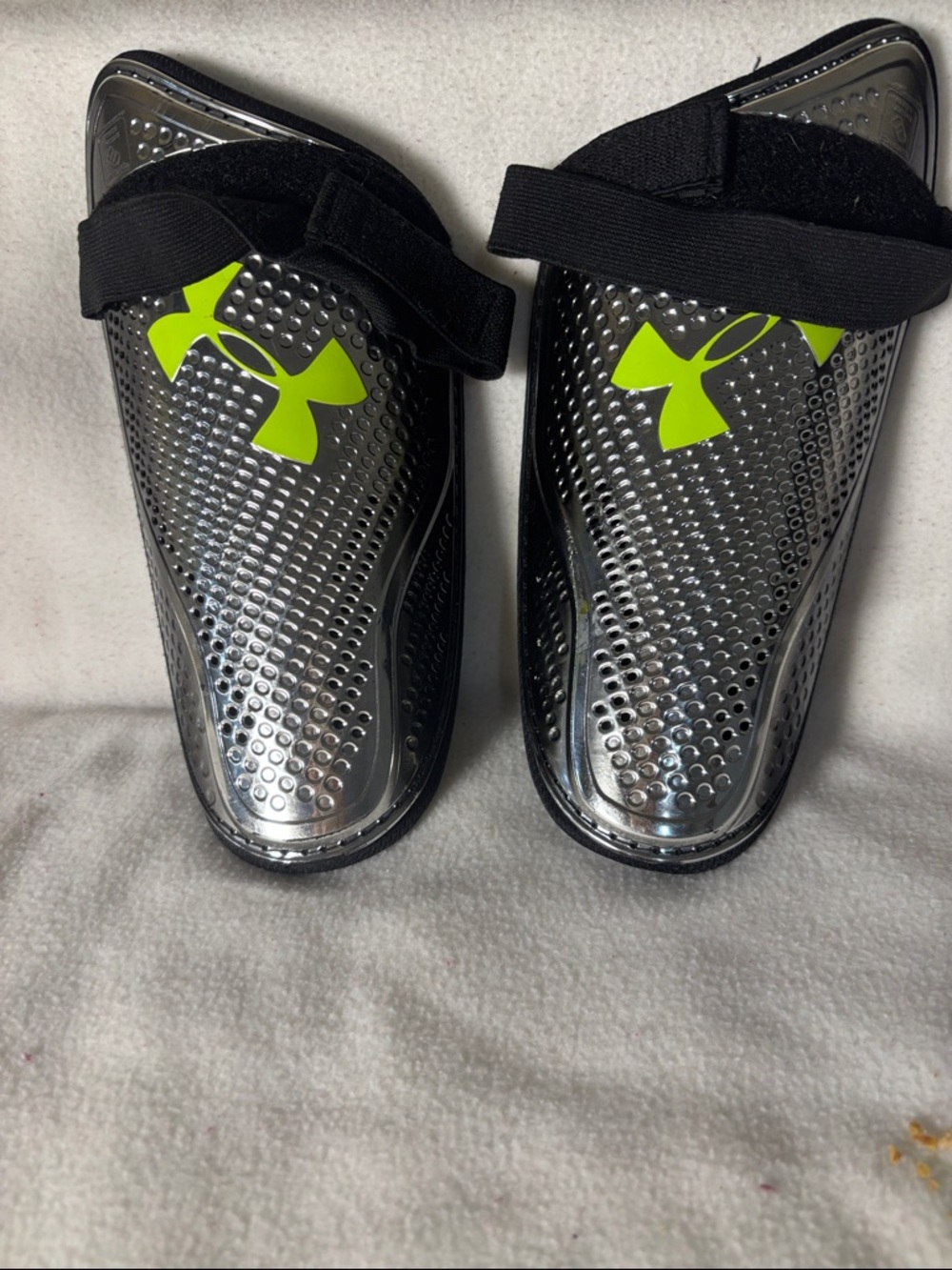 Under Armour Silver & Neon Green Soccer Shin Guards